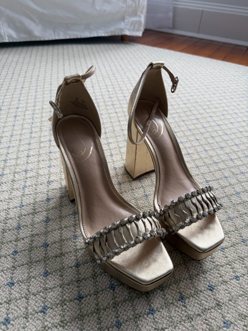 Sam Edelman Gold Block Heel Ankle-Strap Sandals with Crystal-Trim